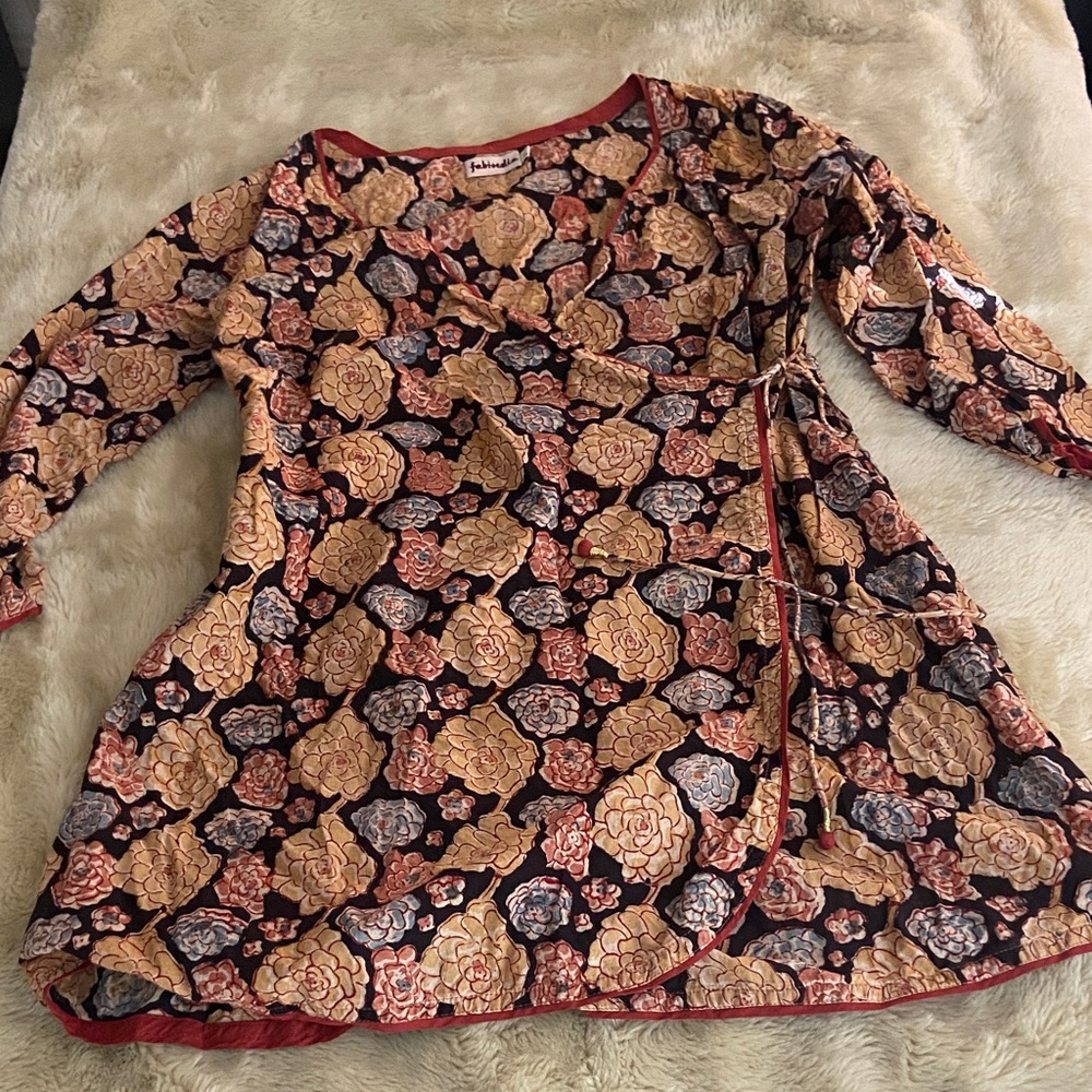Floral Wrap Dress with Red and Gold Accents